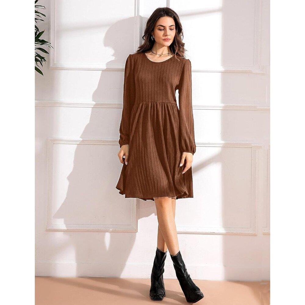 Women's Knit Sweater Dress with Pockets Crew Neck Long Sleeve A-Line - Picture 3 of 6